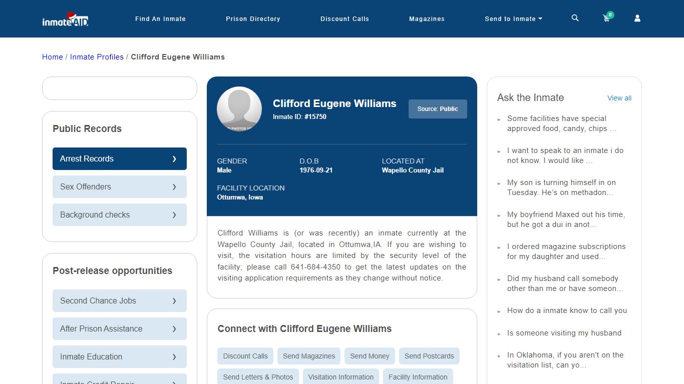 Inmate Search: Clifford Eugene Williams 15750, Ottumwa, Iowa